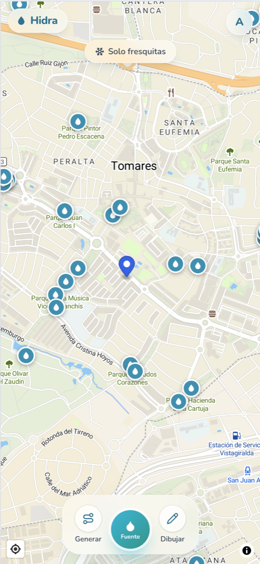 Pantalla del mapa de fuentes en Hidra