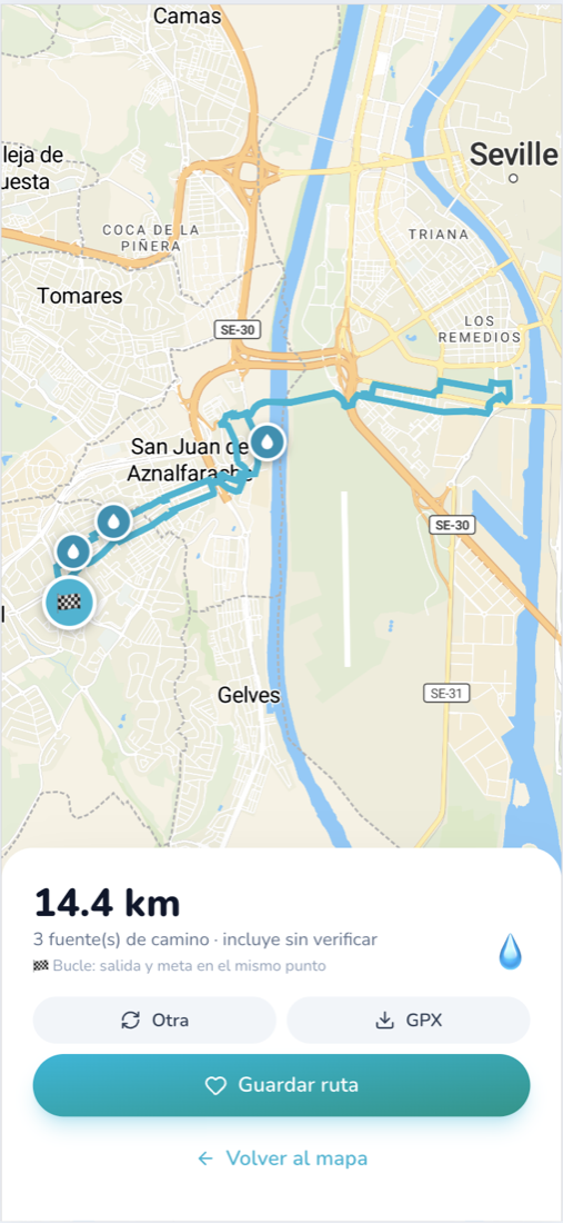 Pantalla de ruta guardada lista para correr